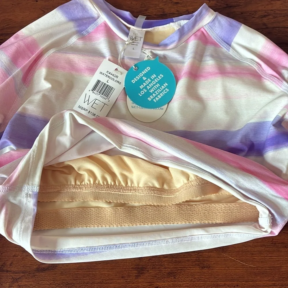 New WET Women‎ XL Pastel Watercolor Cropped Rashguard Swim Top Beach Coast